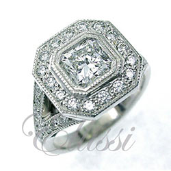 "Volo" Radiant cut antique mille grain diamond engagement ring
